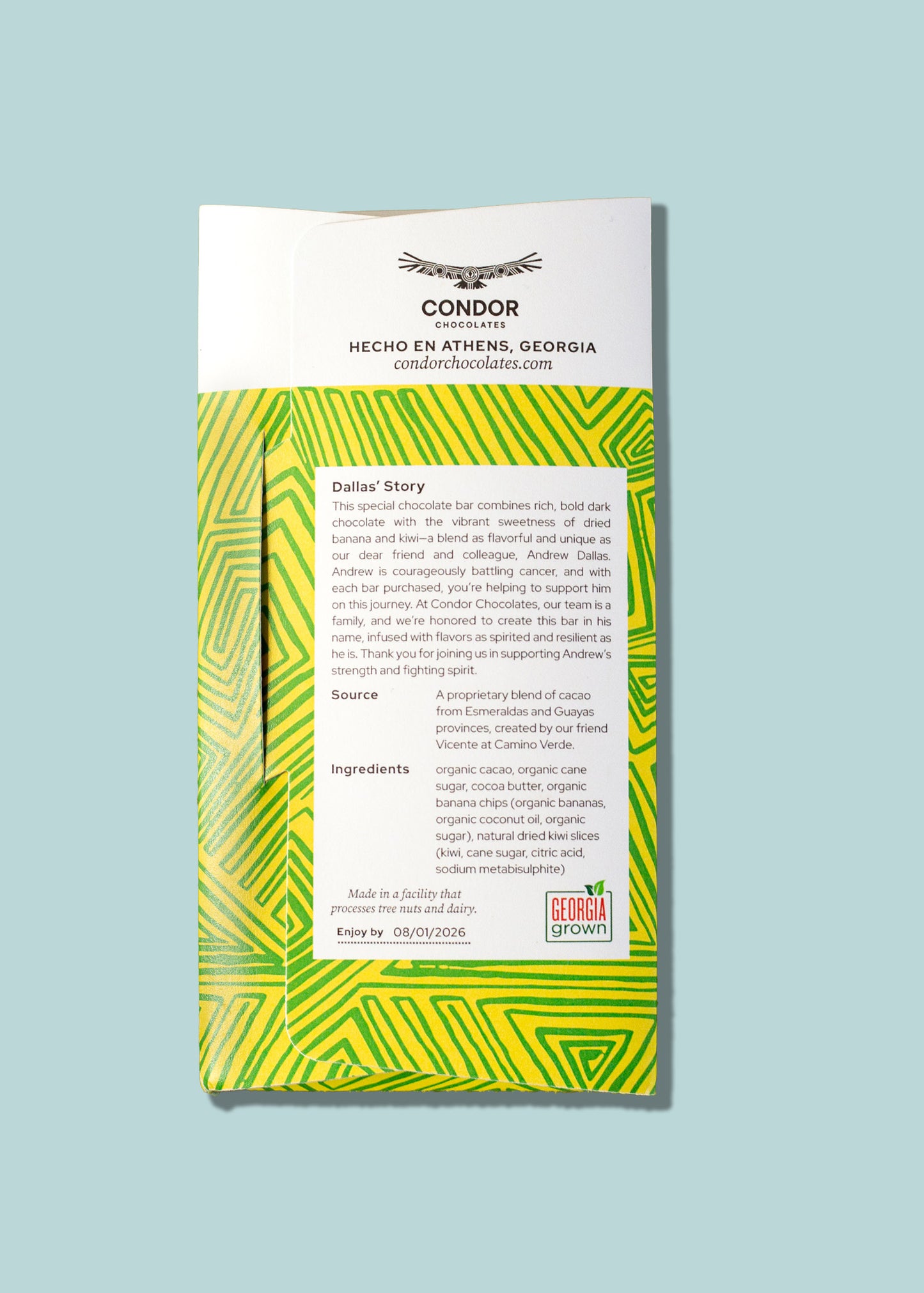 72% Dark Chocolate + Dried Kiwi & Organic Banana Chips - "Dallas Bar"