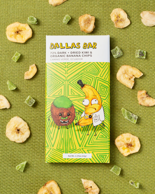 72% Dark Chocolate + Dried Kiwi & Organic Banana Chips - "Dallas Bar"