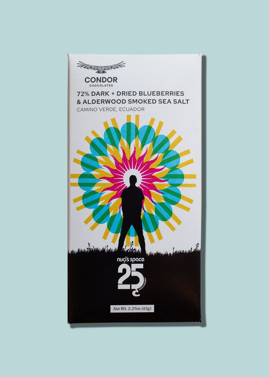 Nuci's Space Anniversary Bar - 72% Dark Chocolate + Dried Blueberries & Alderwood Smoked Sea Salt