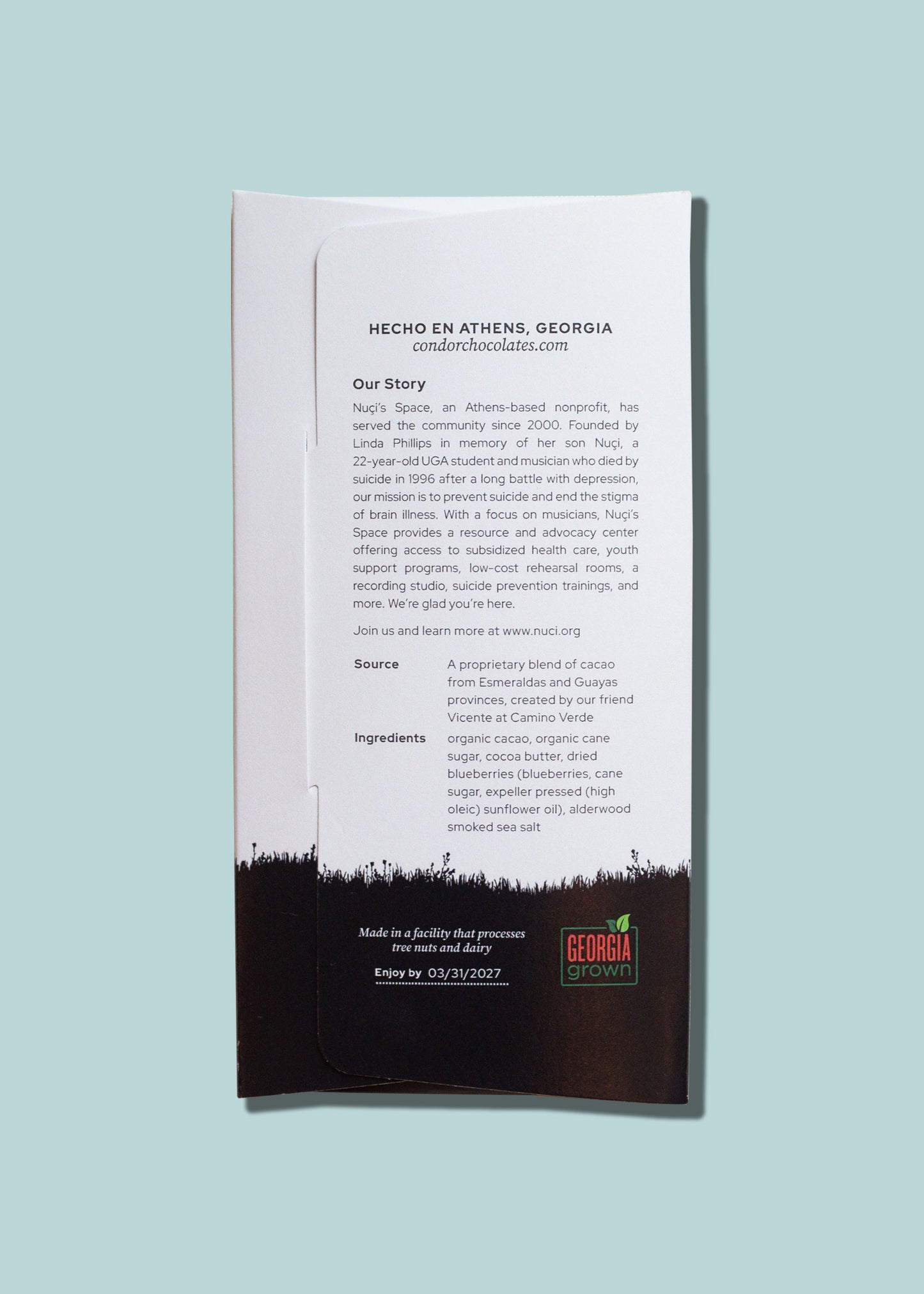 Nuci's Space Anniversary Bar - 72% Dark Chocolate + Dried Blueberries & Alderwood Smoked Sea Salt